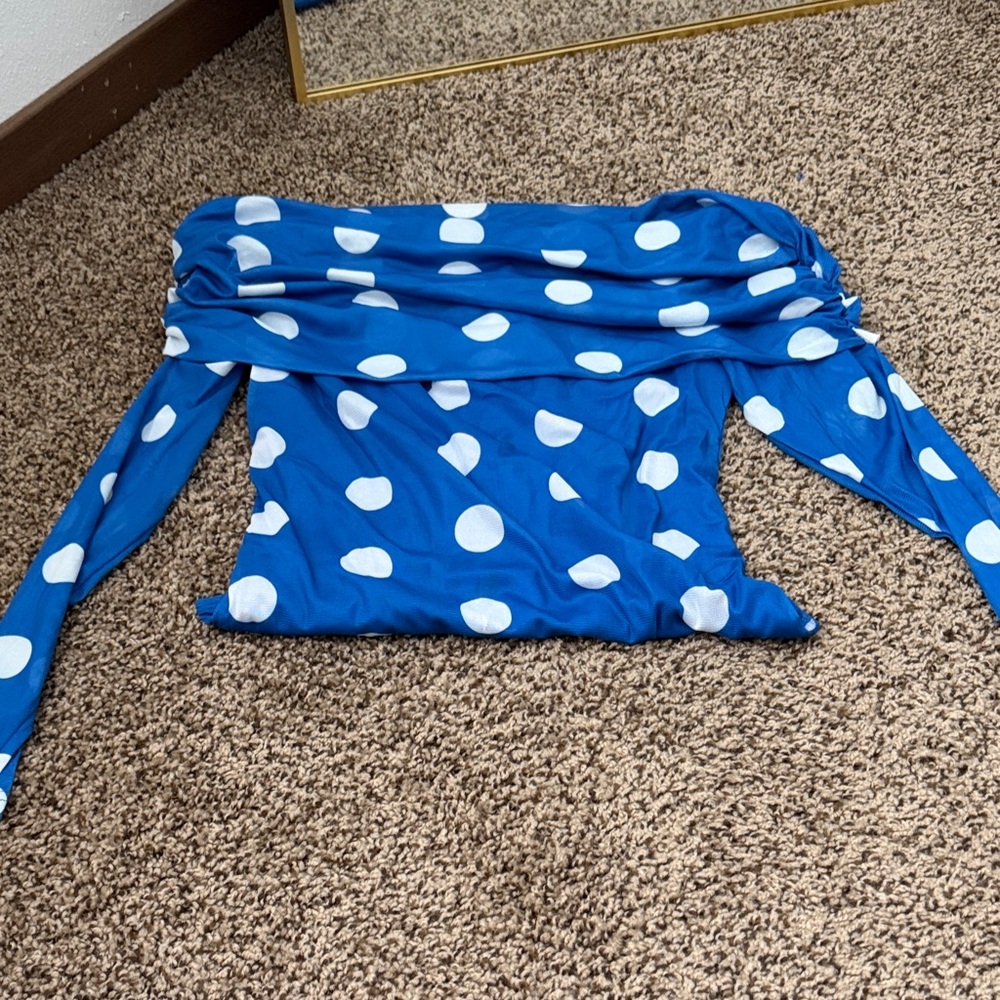 Polka Dot Off-Shoulder Blue Long-Sleeve Bodysuit